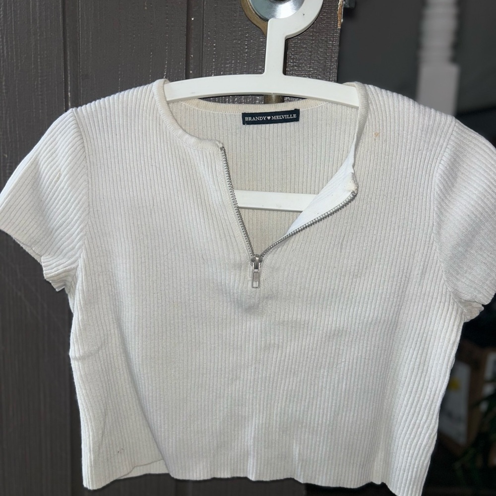 Brandy Melville Cream Ribbed Crop Top with Zipper